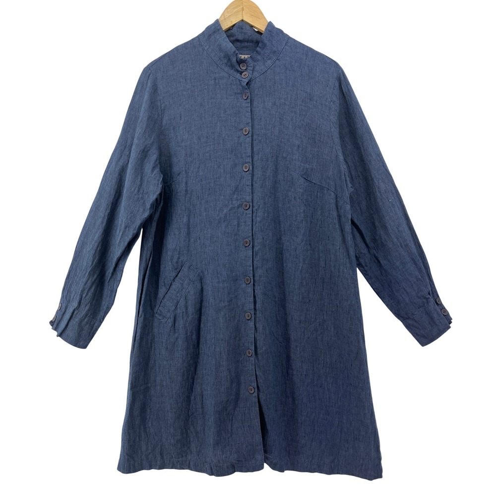FLAX Womens Blue 100% Linen Mandarin Collar Button Longline Tunic Pocket Size M